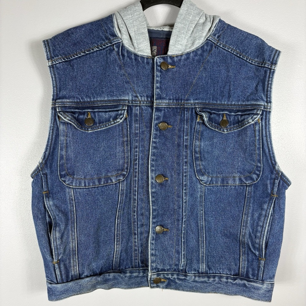 Gitano First Class Jeans Adult Large Blue Button‎ Up Hooded Trucker Denim Vest